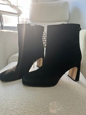 Sam Edelman Black Suede Ankle Booties with Striped Block Heel